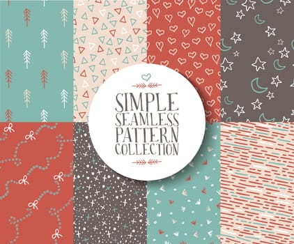 Simple seamless pattern collection of vintage hipster style hand drawn elements in soft colors. EPS10 vector.