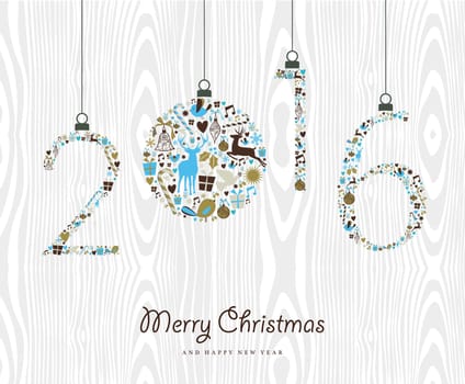 Merry Christmas and Happy New Year 2016 vintage xmas ornaments, hipster wood background. Ideal for holiday party invitation or greeting card. EPS10 vector.