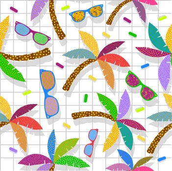 Retro vintage 80s memphis hipster beach seamless pattern with sunglasses and palmtrees. Ideal for fabric design, paper print and web background. EPS10 vector file.