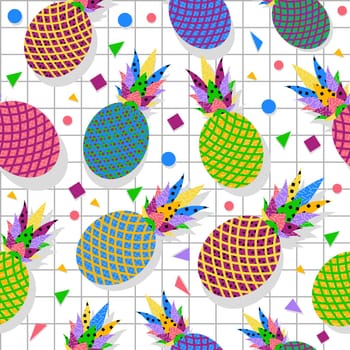 Retro vintage 80s memphis pineapple fruit seamless pattern background. Ideal for fabric design, paper print and web backdrop. EPS10 vector file.