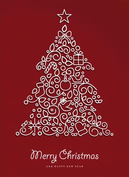 Merry christmas and happy new year pine tree made in modern outline style with simple xmas ornaments. Ideal for holiday card, poster, or party invitation. EPS10 vector.
