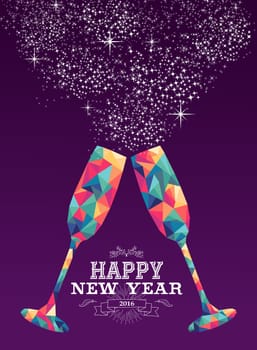 Happy new year 2016 holiday greeting card or poster design with colorful triangle wine glass and label illustration. EPS10 vector.