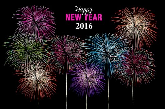 Happy new year celebration 2016 fireworks explosion in the night sky. Ideal for holiday greeting card, poster or web. EPS10 vector.