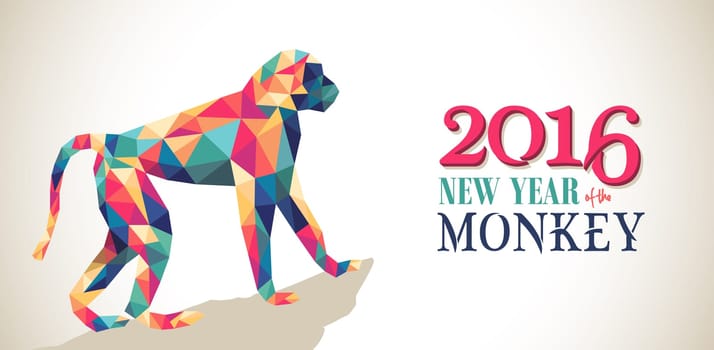 2016 Happy Chinese New Year of the Monkey banner with colorful hipster low poly triangle ape and text. EPS10 vector.