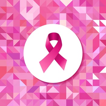 Breast cancer awareness campaign pink ribbon badge over seamless triangle retro hipster tiled pattern. EPS10 vector file.
