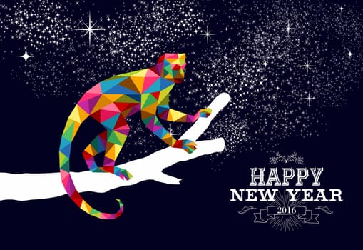 2016 Happy Chinese New Year of the Monkey with colorful hipster low poly triangle ape on tree branch. EPS10 vector.