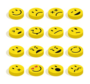 Set of Emoticons isometric flat illustration with isolated background. Ideal for web, chat and app design. EPS10 vector file.