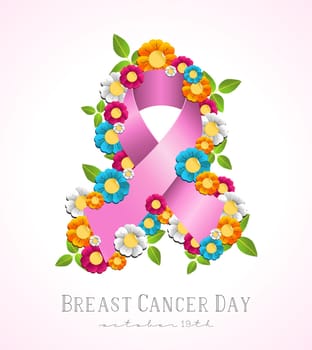 Breast cancer day composition of pink ribbon with colorful spring flower elements and text over white background. EPS10 vector file.
