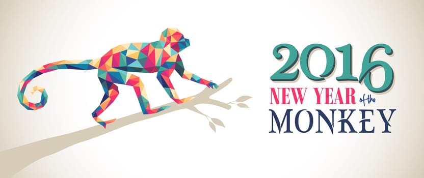 2016 Happy Chinese New Year of the Monkey banner with colorful hipster low poly triangle ape on tree branch and text. EPS10 vector.