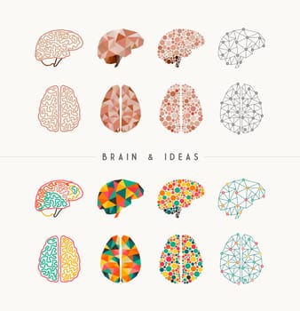 Set of colorful brains and ideas elements concept illustration. Ideal for app icons, infographic design and creative brochure. EPS10 vector file.