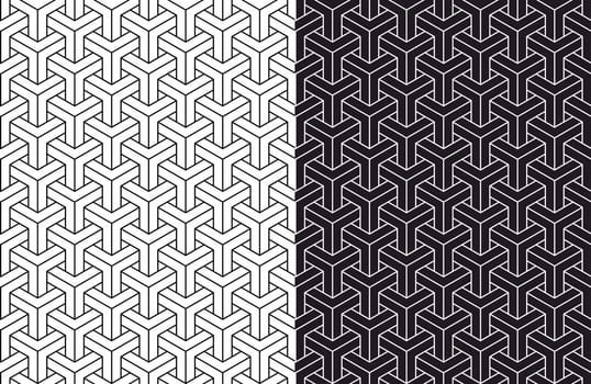 Set of isometric 3d optical art seamless pattern background. Ideal for fabric design, wrapping paper and website backdrop. EPS10 vector file.