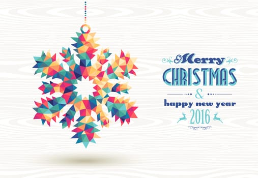 Merry Christmas and happy new year 2016 retro snowflake made with colorful hipster triangles background. Ideal for holiday greeting card, poster or web template. EPS10 vector..