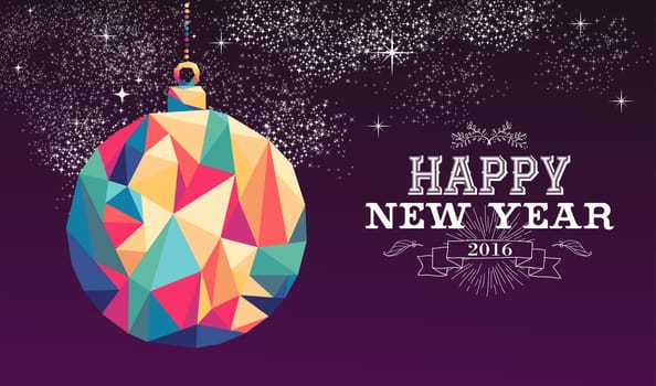 Happy new year 2016 holiday decoration greeting card or poster design with colorful triangle ornament bauble and vintage label illustration. EPS10 vector.