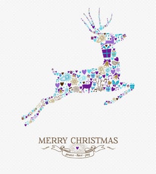 Merry Christmas jumping reindeer shape with vintage retro style elements background. Ideal for holiday greeting card or xmas party invitation. EPS10 vector.