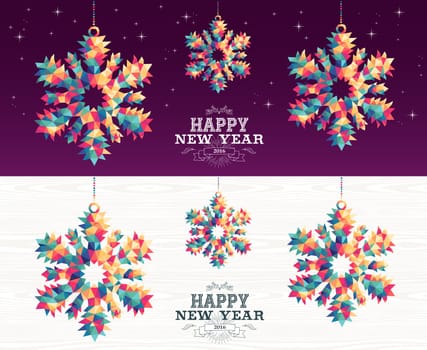 Happy new year 2016 colorful hipster triangle snowflake holiday ornaments banner set with night sky and wood background. EPS10 vector.