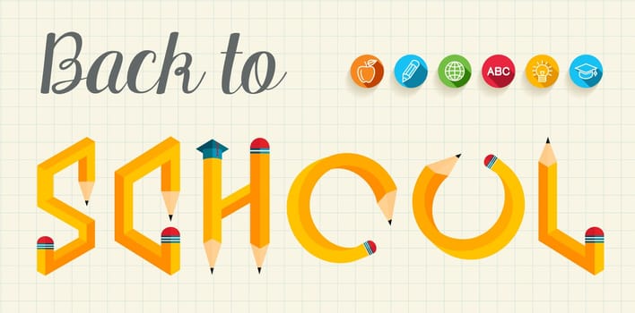 Back to school banner with creative letters pencil shape illustration. Ideal for web banner, education book cover and poster print. EPS10 vector file.