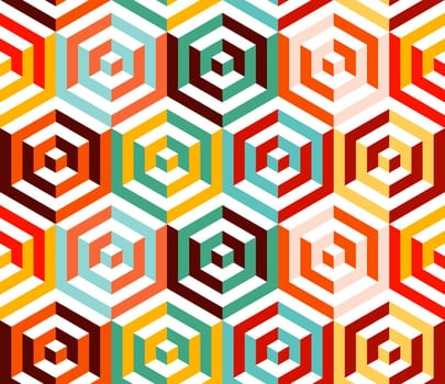 Abstract isometric 3d retro colorful hexagonal shapes seamless pattern background. Ideal for fabric design, wrapping paper print and website backdrop. EPS10 vector file.