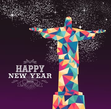 Happy new year 2016 greeting card or poster design with colorful triangle Rio Brazil statue and vintage label illustration. EPS10 vector.