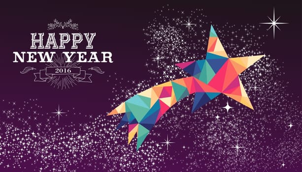 Happy new year 2016 holiday greeting card or poster design with colorful triangle shooting star and label illustration. EPS10 vector.