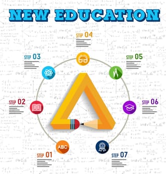 Back to school concept infographic with impossible pencil shape illustration and education elements seamless pattern background. EPS10 vector file.