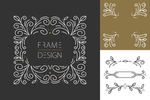 Retro vintage hipster set of line design monogram frames and borders in floral style. Ideal for greeting card, brand design and print poster. EPS10 vector file.