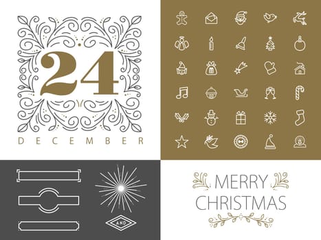 Merry Christmas retro vintage hipster set of monogram frames borders and icons in  line style design. Ideal for greeting card and xmas print poster. EPS10 vector file.