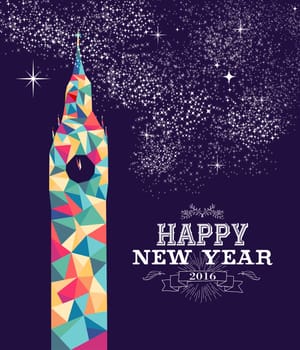 Happy new year 2016 greeting card or poster design with colorful triangle England monument and vintage label illustration. EPS10 vector...