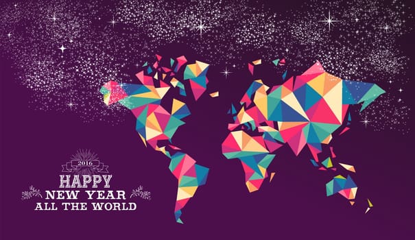 Happy new year around the world 2016 worldwide greeting card or poster design with colorful triangle globe map and vintage label illustration. EPS10 vector.