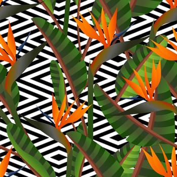 Colorful retro bird of the paradise flowers and geometric seamless pattern background. Ideal for fabric, wrapping paper and cover design. EPS10 vector file.