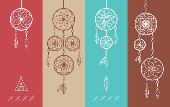 Set of Dream catcher boho icons simple line style illustration. Ideal for t-shirt stamp, print poster and greeting card design. EPS10 vector file.