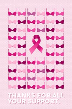 Breast cancer awareness campaign poster with thanks for all your support text over pink dot background. Includes bra and ribbon element on center. EPS10 vector file.
