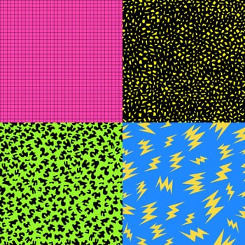 Set of retro vintage 80s memphis fashion style seamless pattern illustration background. Ideal for fabric design, paper print and website backdrop. EPS10 vector file.