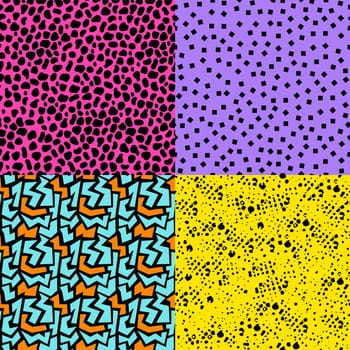 Set of retro vintage 80s memphis fashion style seamless pattern illustration background. Ideal for fabric design, paper print and website backdrop. EPS10 vector file.