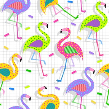 Retro vintage 80s flamingo fashion style seamless pattern illustration background. Ideal for fabric design, paper print and website backdrop. EPS10 vector file.