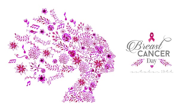October 19 World breast cancer awareness day watercolor concept illustration. Woman silhouette with hand drawn floral and pink nature symbols as hair background. EPS10 vector file.