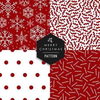Merry Christmas hipster 80s vintage style seamless pattern set. Red white xmas backgrounds with snowflakes, lines, shapes, and dots elements. EPS10 vector file.
