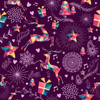 Christmas vintage retro style seamless pattern. Colorful hipster triangle reindeer and holiday elements composition. EPS10 vector.