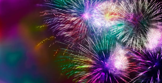 nightly fireworks with colorful light and glitter patterns,graphic star shapes with motion blur added