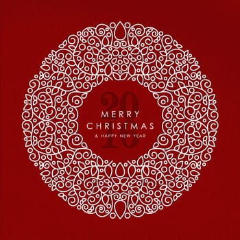 Merry Christmas and Happy New Year 2016 greeting card background. Linear wreath with monogram decoration, ornaments and leaves. EPS10 vector file.
