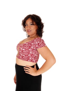 A lovely young mixed race woman in a skirt, short top, standing.isolated for white background..