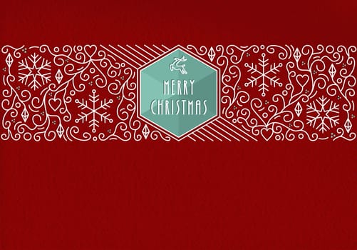 Merry Christmas holidays greeting card in outline monogram style. Linear decoration, ornaments and reindeer icon over red textured background. EPS10 vector file.