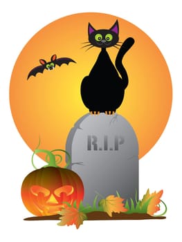 Halloween Black Cat Sitting on Tombstone with Jack-O-Lantern Pumpkin and Flying Bat Illustration