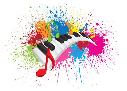 Piano Keyboard with Black and White Wavy Keys and Colorful Music Notes in 3D Paint Splatter Abstract Color Illustration