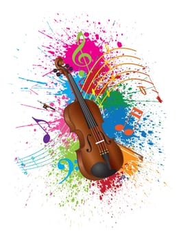 Violin with Bow and Paint Splatter Abstract Color Isolated on White Background Illustration