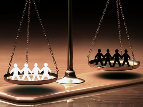 Scales of justice equaling races without prejudice or racism. Clipping path included.