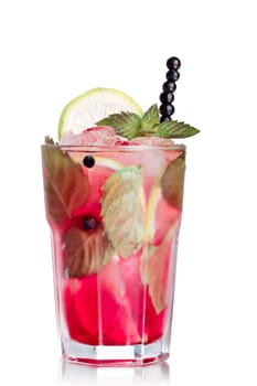 Blueberry mojito garnished with lime slice,skewered blueberries and fresh mint