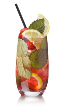 Strawberry mojito with black straw garnished with lime slice and fresh mint leaf