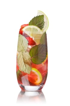 Strawberry mojito garnished with lime slice and fresh mint leaf