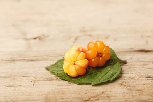Cloudberries (moroshka) on a wooden table. Wild northern berry. Shallow depth of field