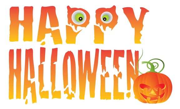 Happy Halloween Text Greeting with Spooky Eyes and Jack-O-Lantern Pumpkin Isolated on White Background Illustration